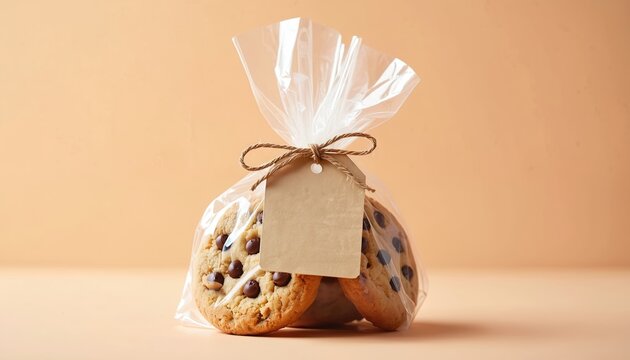 Chocolate chip cookies inside clear cellophane bag with blank tag. Wrapped cookies are tied with twine on beige background. Sweet dessert treat is perfect gift idea.