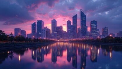 Fototapeta premium City skyline at twilight reflected in calm water. Modern skyscrapers glow with lights against a dramatic purple and pink sky. Urban landscape at dusk.