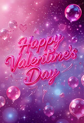 Celebrate love with this vibrant Valentine's Day scene. Pink balloons and a dreamy galaxy backdrop create a magical, romantic feel perfect for greetings and celebrations.