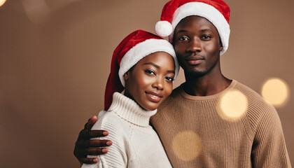 Fototapeta premium サンタ帽をかぶったアフリカ系の若いカップルが寄り添い、やさしく微笑む超リアルな胸元アップポートレート。 彼女はクリーム色のタートルニット、彼はキャメルセーターを着用し、マットな暖トープ背景と柔らかな拡散光が穏やかな季節感を演出。