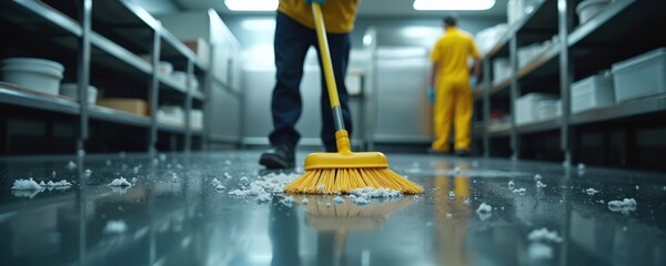 Worker sweeps kitchen floor with yellow broom. Another cleaner works in background. Maintaining clean commercial kitchen for food service safety and hygiene. Preparing space for next shift.
