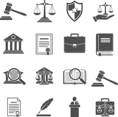 Law justice legal icons set gavel scales courtroom document suitcase shield building vector