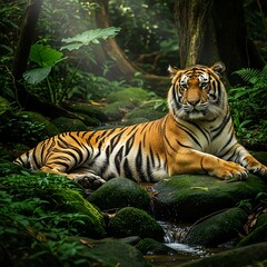 Fototapeta premium Majestic Tiger Resting in Lush Green Jungle Environment.