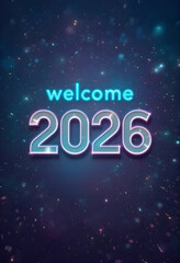 Embrace 2026 with cosmic elegance! Perfect for event backdrops, digital greetings, and sparkling new year celebrations. A vibrant, futuristic welcome awaits.