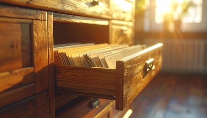 Warm Sunlight Illuminates Open Wooden Filing Cabinet Drawer