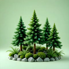 A charming miniature forest with lush evergreen trees and serene green foliage. Ideal for holiday designs or nature-themed projects. Peaceful, vibrant, and calming.