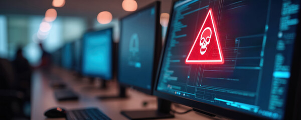 Row of desktop computers displays red skull warning sign indicating malware alert. Cyber security threat detected on monitor screen in office setting. Risk of virus attack to system.