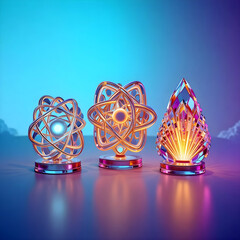Vibrant crystal ornaments glow with futuristic light, ideal for technology branding, modern design projects, or captivating abstract art. Evokes innovation and elegance.