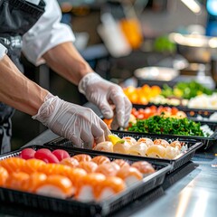 プロ仕様の清潔な調理空間で、衛生手袋を着用した手元が寿司具材をトレーに丁寧に配置するクローズアップ。
明るい照明とステンレス作業台が衛生管理と精密な手仕事を強調します。