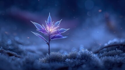 Delicate Purple Plant Emerging from Frosty Ground in Night Light