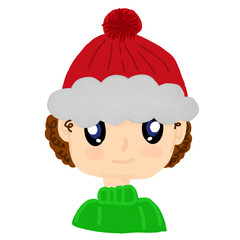 A cheerful, cartoon-style character with curly brown hair, big bright eyes, rosy cheeks, wearing a red pom-pom winter hat and a green turtleneck sweater