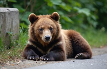 Obraz premium Small brown bear cub with thick soft fur rests calmly on paved path. Wild animal lies still by green grass, concrete block. Cute bear watches surroundings with calm expression, observing nature.