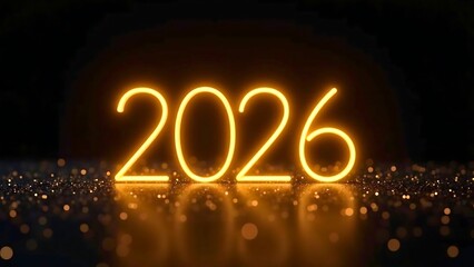 Glowing Gold Neon 3D 2026 Numbers with Reflection and Particles on a Dark Surface for a Futuristic New Year's Celebration