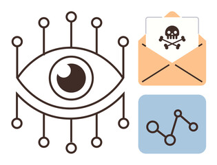 Eye encircled by connected nodes, skull-marked envelope, data graph. Ideal for cybersecurity, data tracking, digital threats, surveillance, hacking analytics online safety. Simple flat metaphor