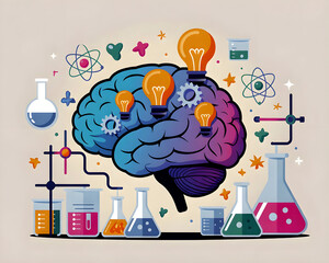 Colorful illustration of a human brain surrounded by chemistry lab equipment, light bulbs, and atomic symbols, representing creativity, innovation, and scientific research ideas.