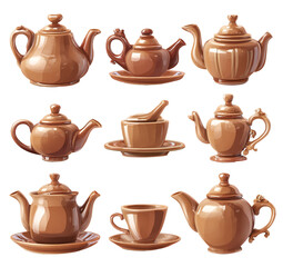 Collection of brown teapots isolated on transparent background set of ceramic teapots for tea ceremony, brewing, and serving hot beverages