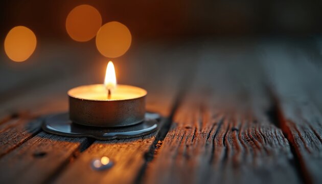 Close-up photo of burning tealight candle. The candle is on wooden surface. Warm light creates cozy atmosphere. Bokeh lights enhance a relaxing and romantic mood. Candle flame glows brightly - Powered by Adobe