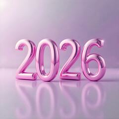 Elegant 3D rendering of shiny metallic pink numbers forming “2026” on a soft pastel background with reflection. Modern new year concept for celebration, calendar, or festive design themes.