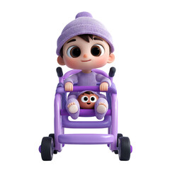 Cartoon baby in purple clothes and hat sitting in a stroller isolated on transparent background cute infant character in a pram