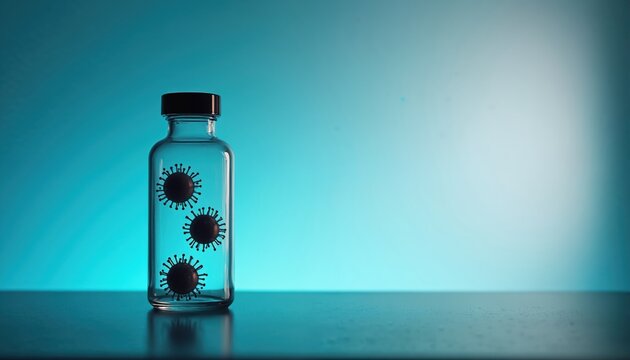 Glass bottle holds virus particles against gradient blue backdrop. Concept art presents science illustration. Vial contains disease pathogen. Visual suggests medical research lab sample. Abstract