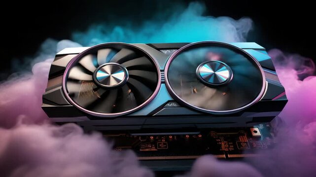 High-performance graphics card with dual fans surrounded by colorful smoke on a sleek computer motherboard