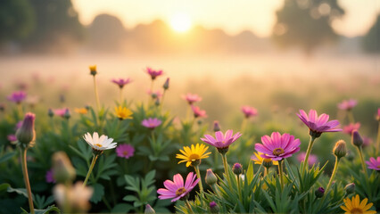 Fototapeta premium Vibrant Blooms: Morning Light on Textured Wildflowers
