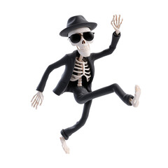 Cartoon skeleton in a suit, hat and sunglasses dancing isolated on transparent background with a cheerful and playful expression