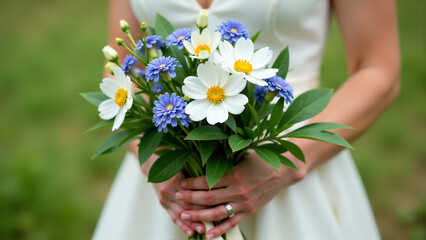 Fototapeta premium Fresh Wildflower Bridal Bouquet, Crisp Morning Light