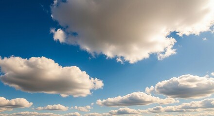 A high-resolution photograph of a bright blue sky filled with soft, fluffy cumulus clouds. The clouds appear voluminous and scattered across the horizon, illuminated by natural sunlight. Captured from