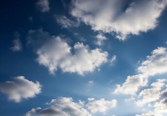 A high-resolution photograph of a bright blue sky filled with soft, fluffy cumulus clouds. The clouds appear voluminous and scattered across the horizon, illuminated by natural sunlight. Captured from