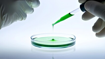 microalgae culture scientist pipetting green liquid into petri dish laboratory