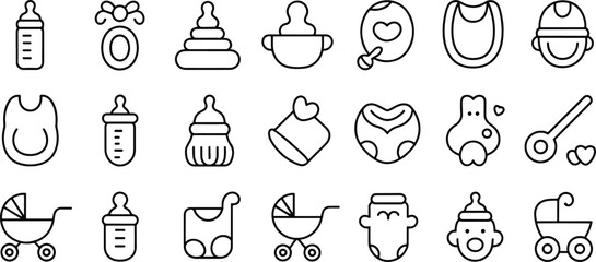 Baby Icons Set Cute Outline Symbols for Newborn Products and Essentials Vector Illustration