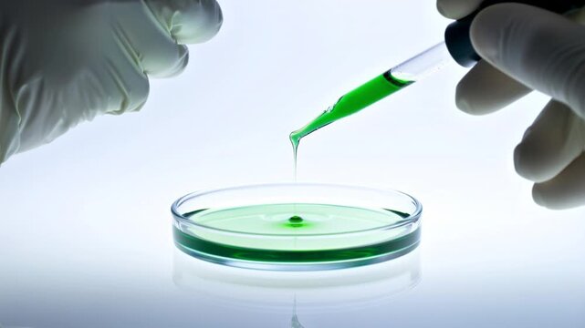 microalgae culture scientist pipetting green liquid into petri dish laboratory