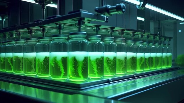 microalgae culture industrial bottling process with glowing green fluid