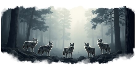Five wolves stand in a mysterious misty forest scene under soft daylight