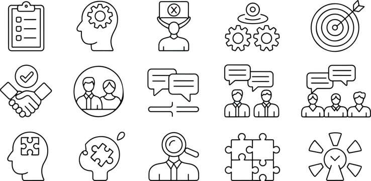Business concepts and strategy illustration icons representing teamwork solutions and success goals with negotiation and communication for marketing development