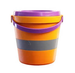 Colorful plastic bucket with orange body, purple lid, and gray stripe isolated on transparent background, a versatile container