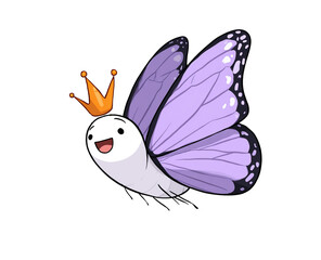 Cute cartoon butterfly with a crown isolated on transparent background, a whimsical and charming illustration for childrens designs