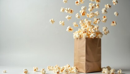 Paper bag of popcorn spills on white background. Popcorn falls, scatters on surface. Brown paper bag overflows with fluffy white popcorn. White surface littered with popcorn pieces.