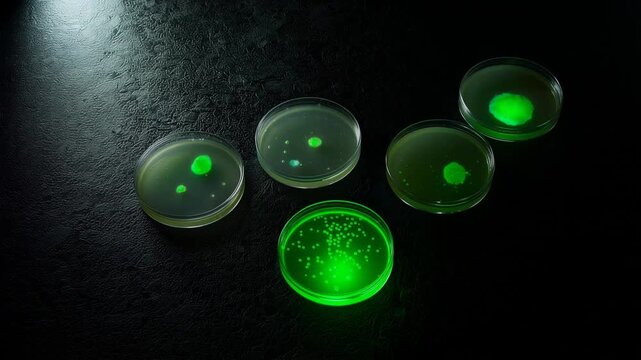 microalgae culture glowing green bacteria cultures in petri dishes