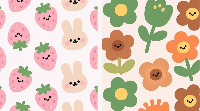 Cute pastel patterns featuring adorable bunnies, strawberries on the left and smiling flowers in warm tones on the right  perfect for kids designs or spring-themed decor!