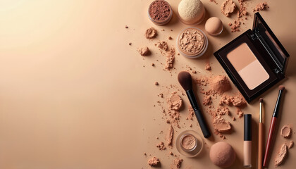 Cosmetic products with loose powder foundation eyeshadow lipstick, brushes scattered on beige surface. Beauty makeup assortment with contour palette concealer, applicators laid out for application.