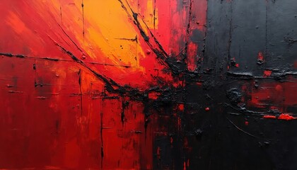 Abstract art painting displays a dynamic mix of textures colors. Deep red orange tones combine with bold black accents creating striking visual contrast. A modern piece for design.