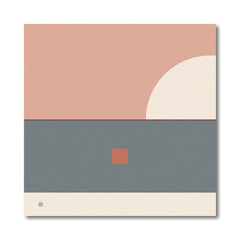 Abstract Minimalist Geometric Landscape Background with Dusty Pink Sky, Slate Blue Sea, and Earthy Tones