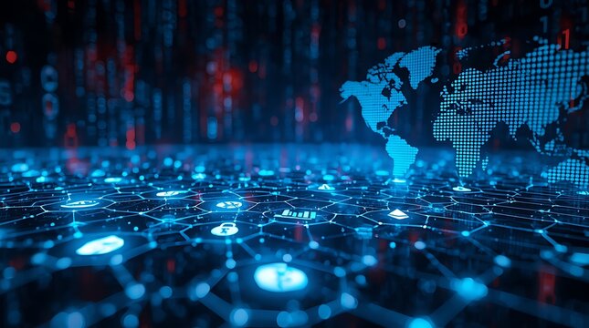 Futuristic Global Blockchain Network with Bitcoin Symbols, Digital World Map, and Cybersecurity Data in Neon Blue Background - Powered by Adobe