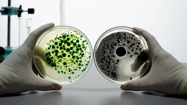 microalgae culture petri dishes showing microbial growth comparison in laboratory