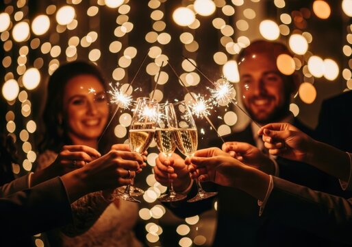 Happy couple celebrating new year s eve with champagne and sparklers isolated on white background
