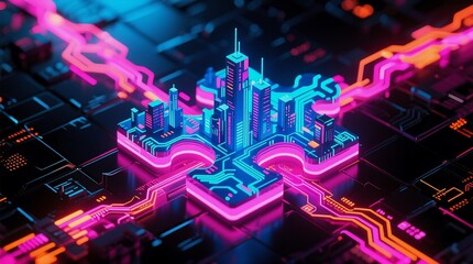 A futuristic cityscape glowing with neon circuitry, set atop a digital motherboardsymbolizing smart technology and cyberpunk innovation.