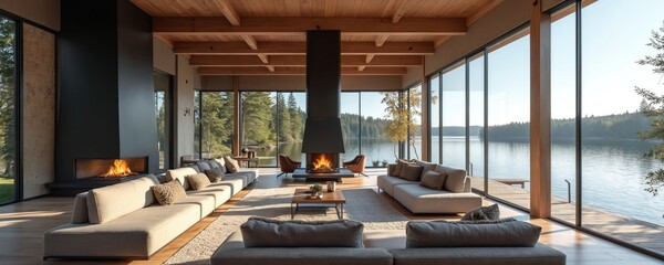 Modern living room with large windows overlooks serene lake surrounded by forest. Two fireplaces, plush sofas, natural wood accents create cozy, luxurious atmosphere for relaxation, nature immersion.