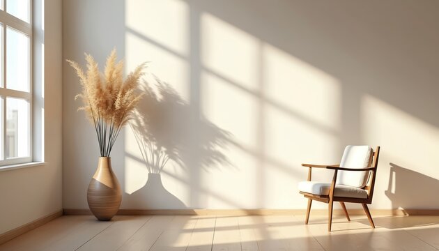 Bright interior shows modern home design. Wooden chair stands in empty living room near plant pot. Sun shines from big window on wooden floor. Mockup of cozy house.